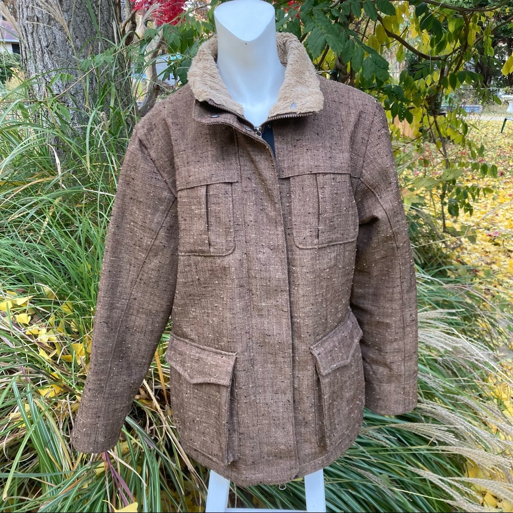 Woolrich Tweed Brown/Tan Utility Coat Barn Jacket Faux Fur lined 6 pockets sz M